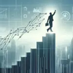 A dynamic leap towards success, depicted by a person’s silhouette ascending a 3D bar graph against a cityscape, embodying AI-driven business growth