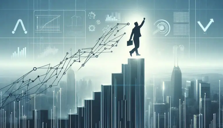 A dynamic leap towards success, depicted by a person’s silhouette ascending a 3D bar graph against a cityscape, embodying AI-driven business growth