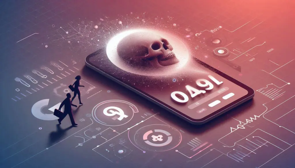 Smartphone screen displaying a skull and numerical code, hinting at the controversial precision of AI in predicting life expectancy