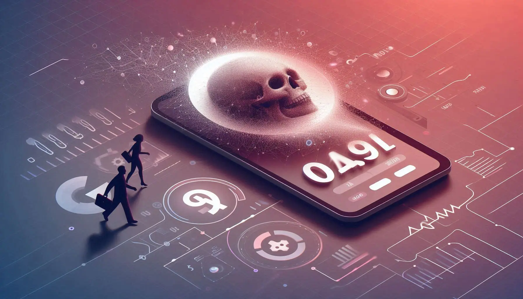 Smartphone screen displaying a skull and numerical code, hinting at the controversial precision of AI in predicting life expectancy