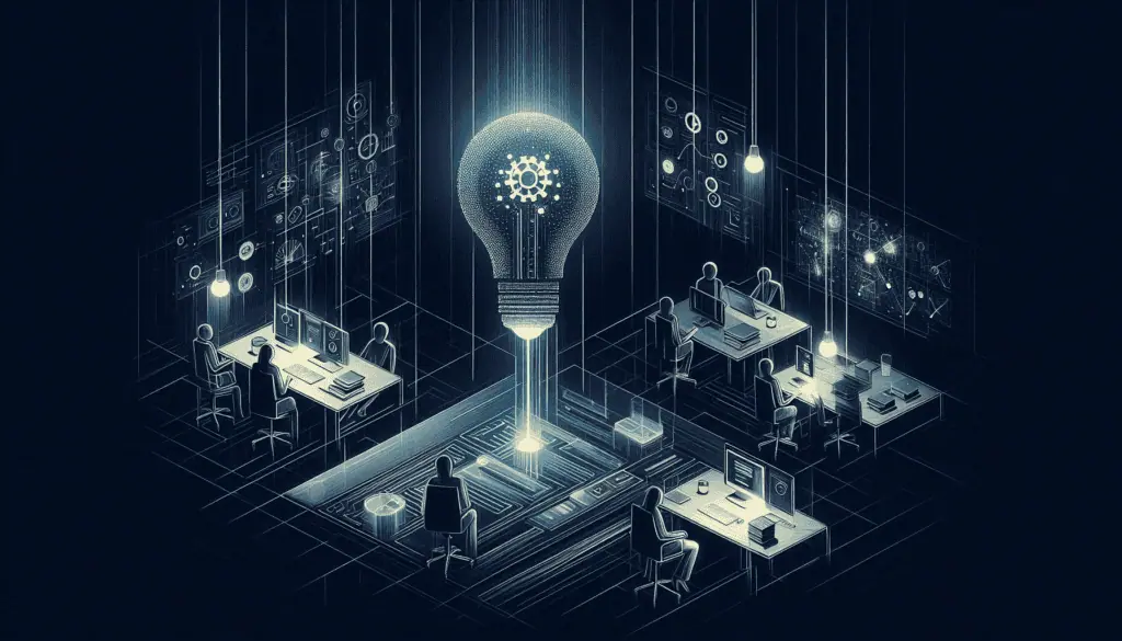 A stylized office setup with a central light bulb symbolizing AI, surrounded by data analysis workstations, depicting AI strategy implementation