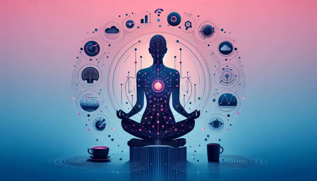 A silhouette of a person in a meditative pose surrounded by digital icons and graphs, symbolizing the integration of technology and enhanced language understanding by NLP