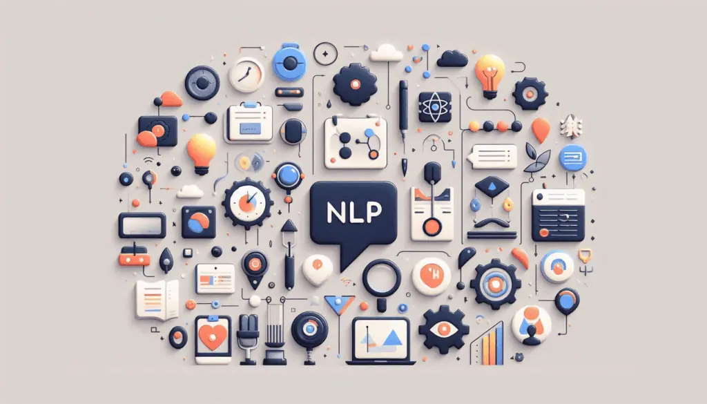 The image depicts a diverse array of icons and symbols related to technology and communication, centered around the acronym ‘NLP’, representing the wide-ranging applications of natural language processing