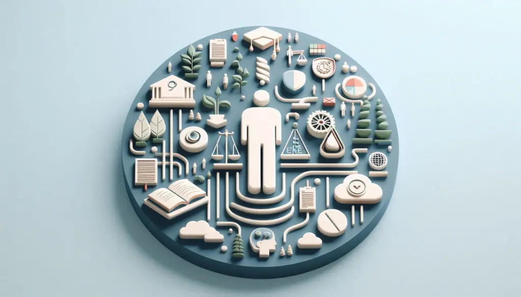 A stylized 3D illustration of various icons related to Natural Language Processing (NLP) ethics, including books, trees, and technology symbols on a circular blue background