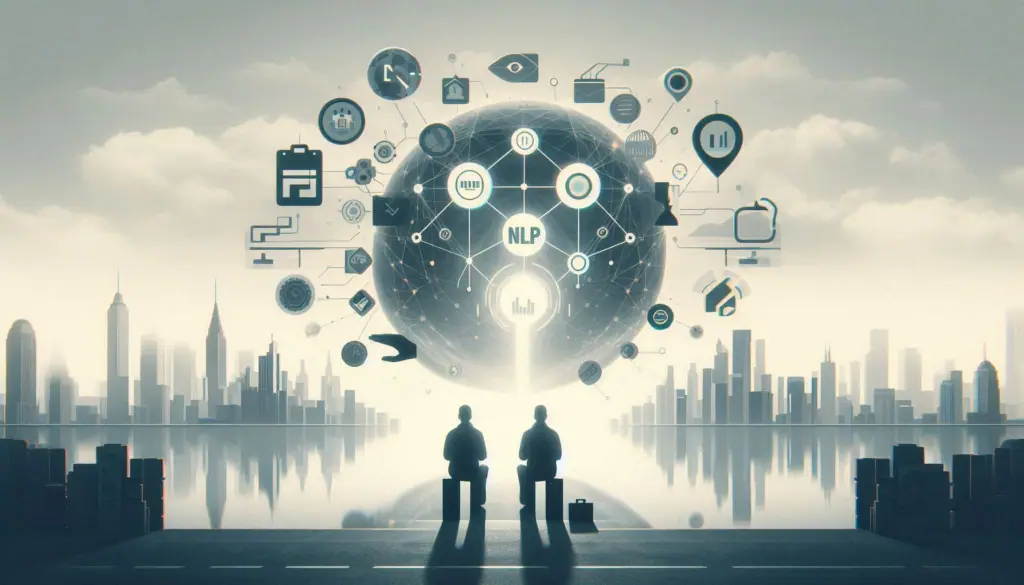 A futuristic depiction of Natural Language Processing (NLP) as a glowing orb with various tech icons orbiting it, against a city skyline backdrop.