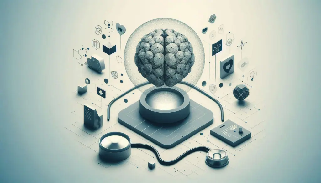 A conceptual image featuring a brain and medical icons, in healthcare applications