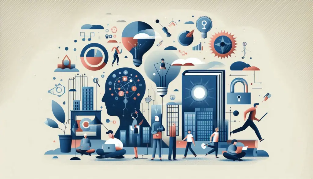 An educational scene with books, a globe, and figures learning, in modern education