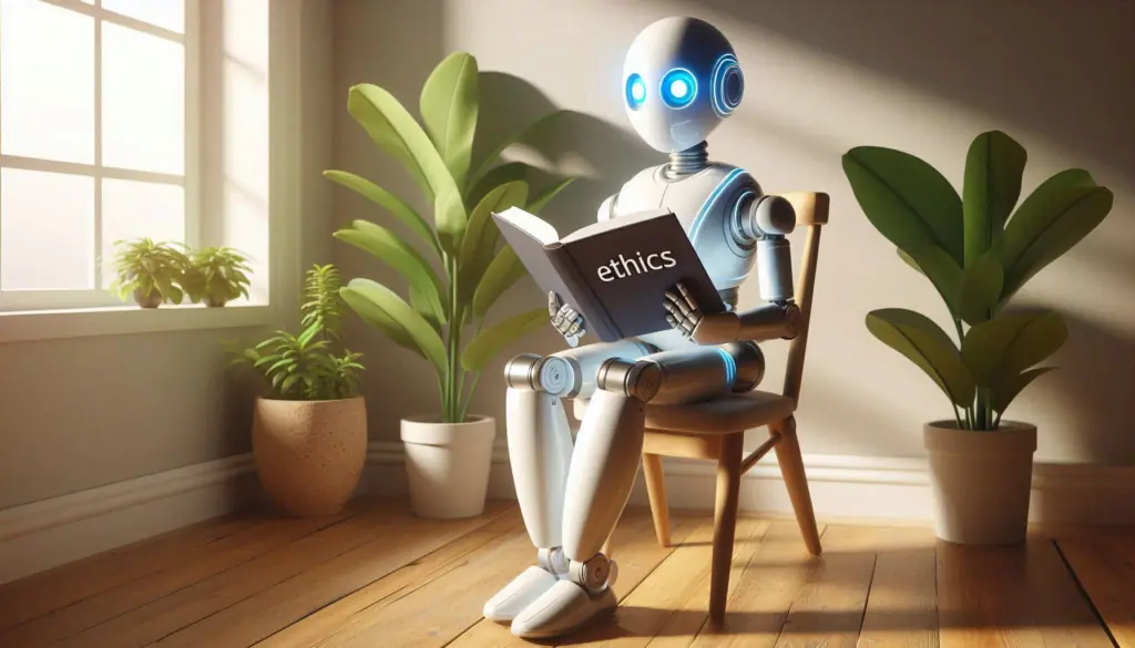 The image shows a robot with a blue glowing head sitting by a window, reading a book titled ‘ethics’, illustrating the concept of explainable AI (XAI) in ethical decision-making