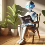 The image shows a robot with a blue glowing head sitting by a window, reading a book titled ‘ethics’, illustrating the concept of explainable AI (XAI) in ethical decision-making