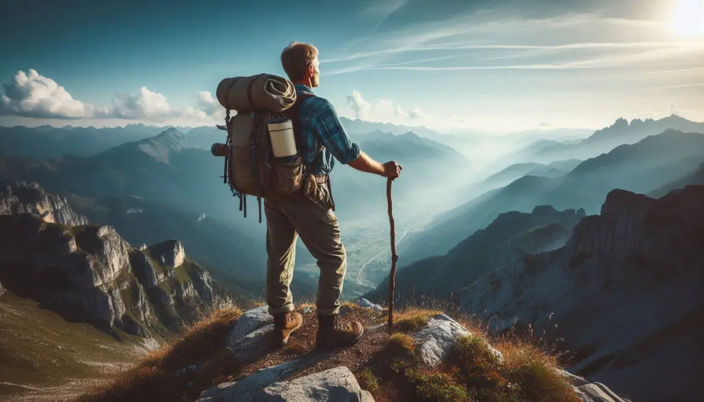 An adventurer at a mountain peak, symbolizing the heights achievable in a personal journey in Robotic Process Automation (RPA)