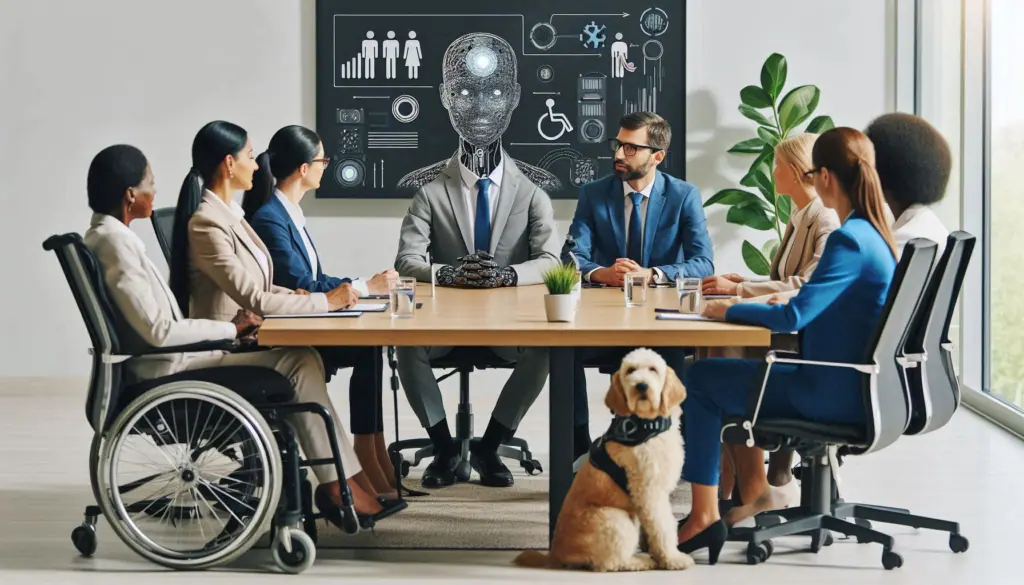 An inclusive team, including a robot, discussing RPA challenges in a modern workplace setting, symbolizing the integration of RPA in teams