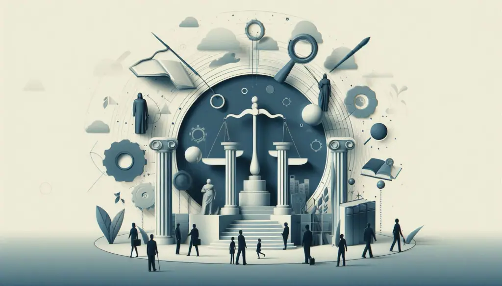 An artistic representation of the legal sector infused with NLP technology, showcasing silhouettes and justice symbols