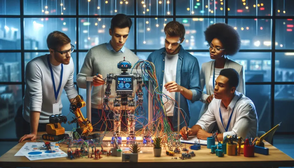 A diverse team collaboratively addressing RPA challenges, working on intricate circuitry and hardware on a busy workbench