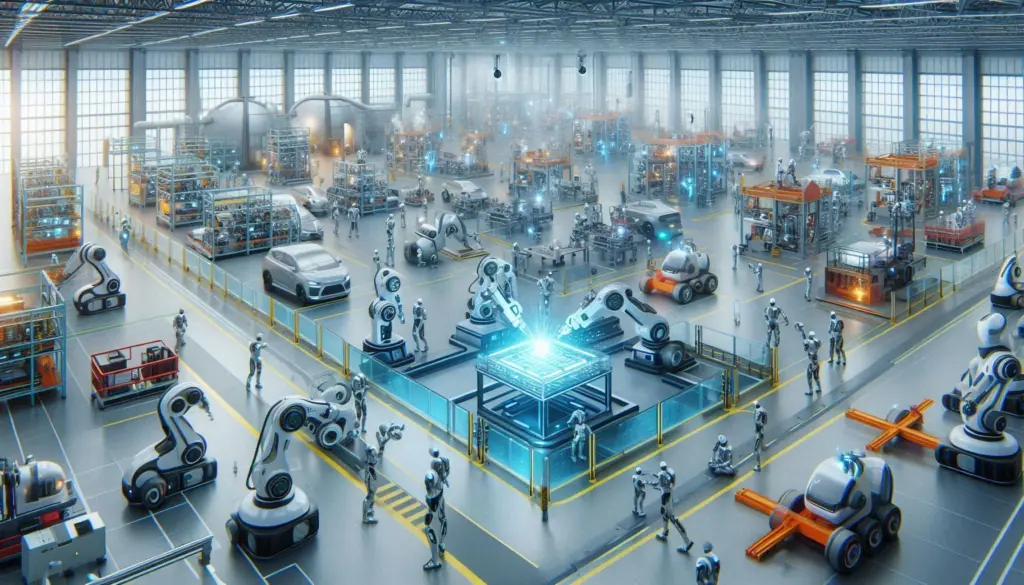 A bustling RPA-enabled factory floor with various robots and automated machines, illustrating the importance of choosing the right automation