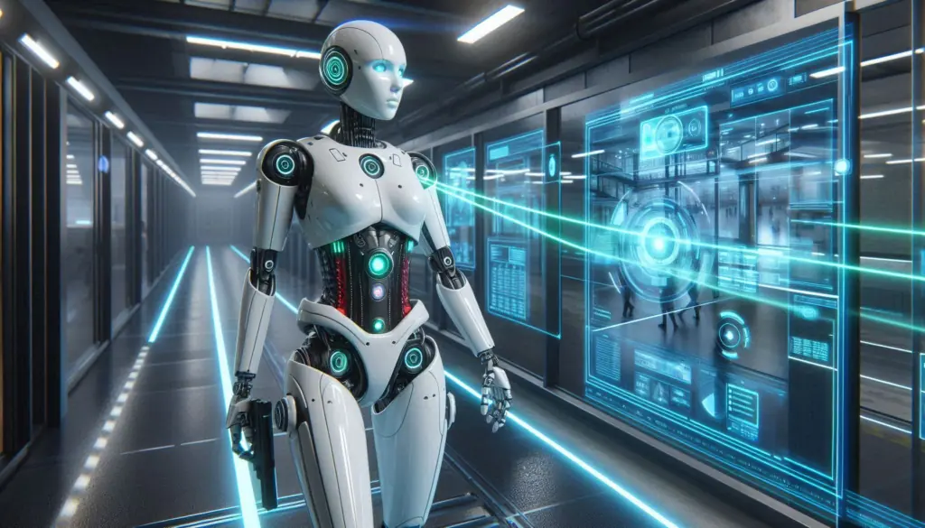 A sleek humanoid robot interacts with a holographic interface, illustrating RPA’s role in enhancing security and compliance measures