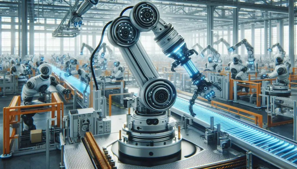 A depiction of RPA in action within a modern industrial facility, showcasing the future of hyperautomation for business efficiency