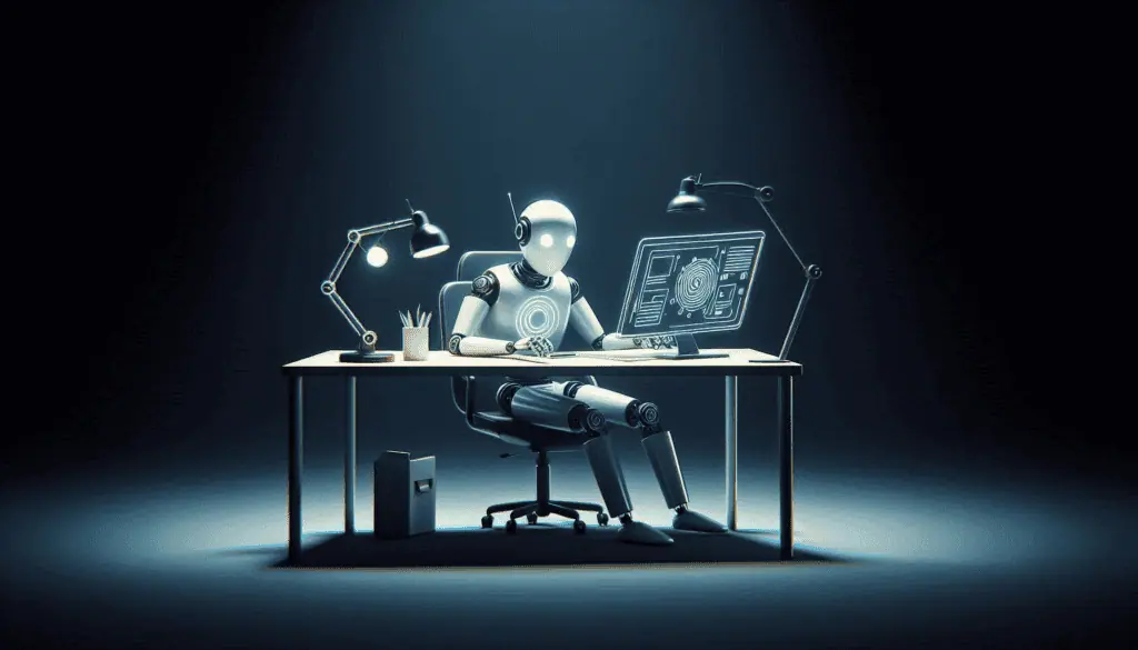 3D illustration of a robot at a desk, symbolizing the efficiency of Power Automate RPA in streamlining tasks