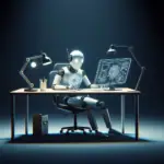 3D illustration of a robot at a desk, symbolizing the efficiency of Power Automate RPA in streamlining tasks