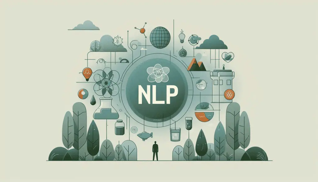 An image highlighting NLP’s role in Environmental Science, with eco-friendly icons encircling the ‘NLP’ acronym