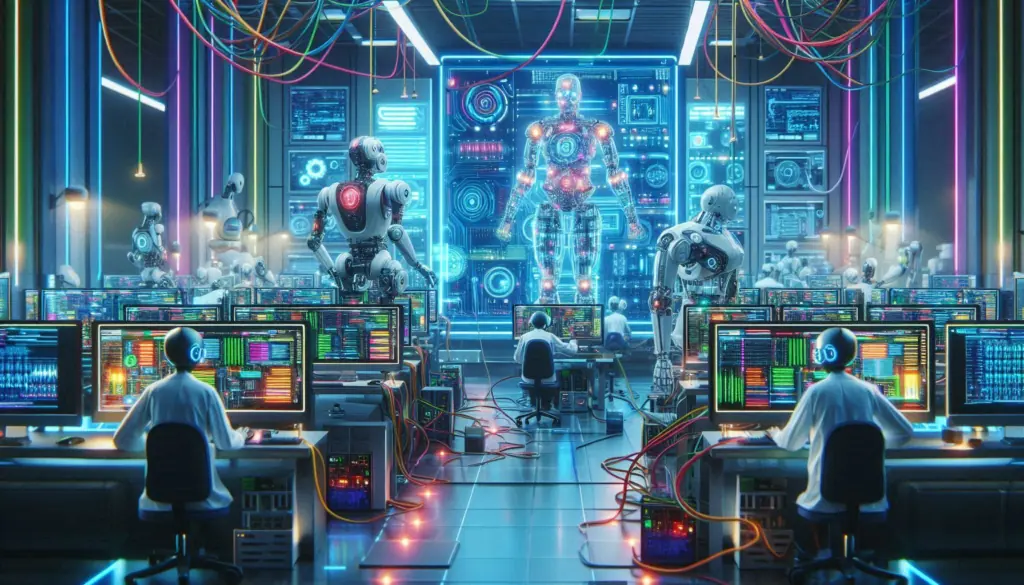 A futuristic AI test automation lab with advanced robots and operators, symbolizing the rise of AI in automating technology development processes