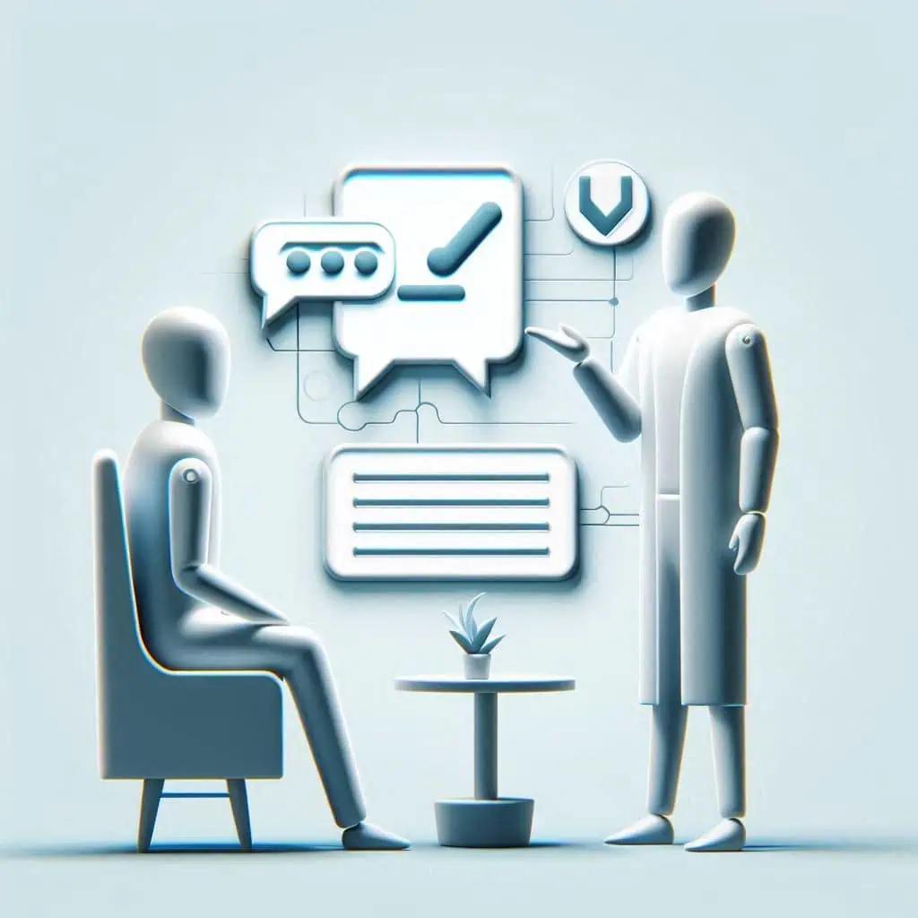 A minimalist illustration showing two abstract figures discussing data, with speech bubbles and checkmark icons, representing AI analytics in real-world examples