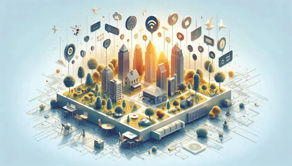 The image depicts a vibrant illustration of a smart city with interconnected devices showcasing natural language processing examples for business, with icons and digital networks
