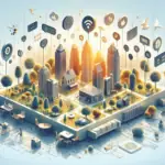 The image depicts a vibrant illustration of a smart city with interconnected devices showcasing natural language processing examples for business, with icons and digital networks