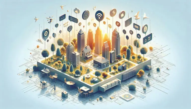 The image depicts a vibrant illustration of a smart city with interconnected devices showcasing natural language processing examples for business, with icons and digital networks
