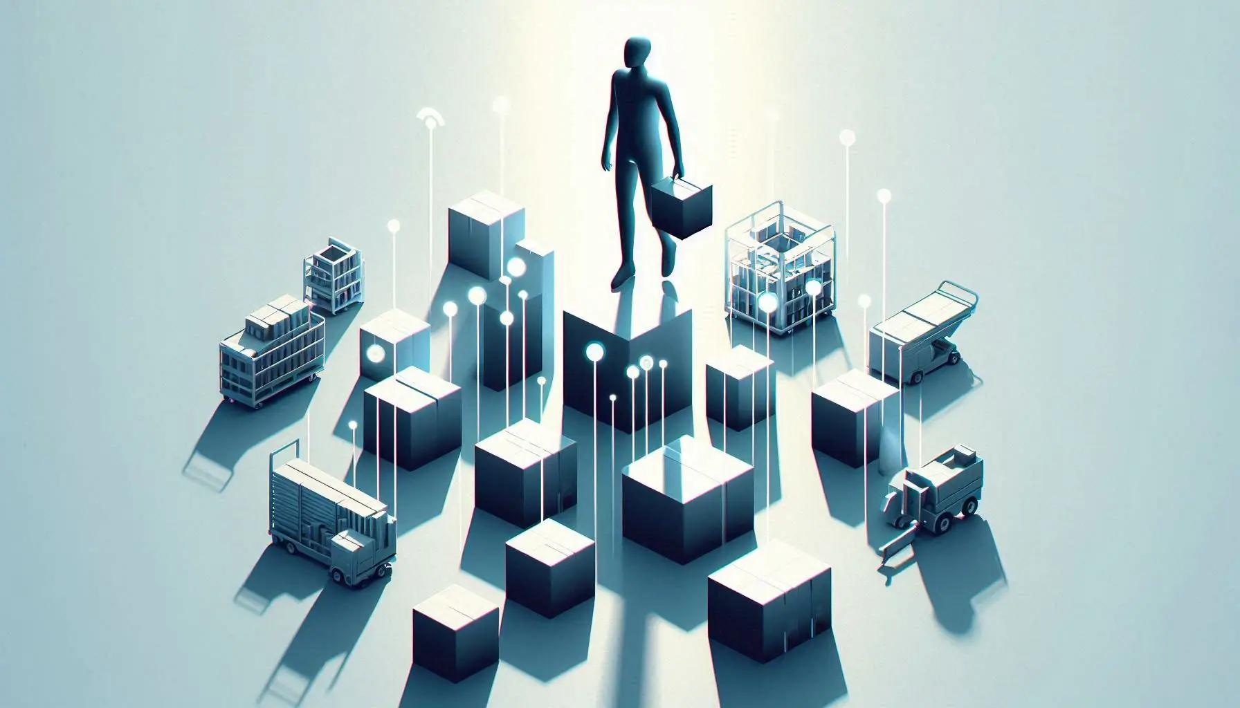 An abstract illustration of AI streamlining inventory management, with a figure orchestrating a network of connected boxes