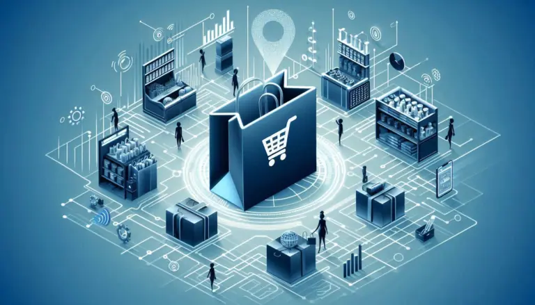 A conceptual illustration highlighting AI’s transformative impact on e-commerce, featuring shopping and technology icons interconnected by data streams