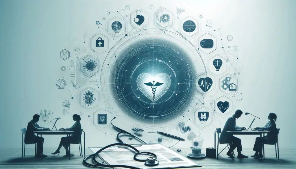 A futuristic concept of healthcare analytics with medical icons and data surrounding a central caduceus symbol, highlighting its transformative impact on patient care