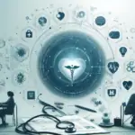 A futuristic concept of healthcare analytics with medical icons and data surrounding a central caduceus symbol, highlighting its transformative impact on patient care