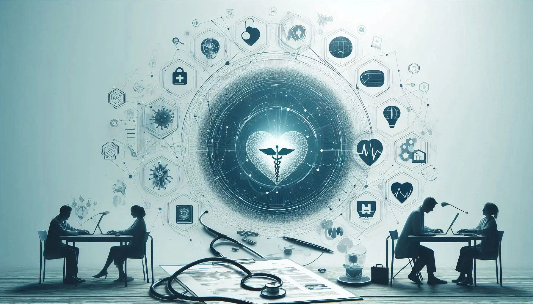 A futuristic concept of healthcare analytics with medical icons and data surrounding a central caduceus symbol, highlighting its transformative impact on patient care