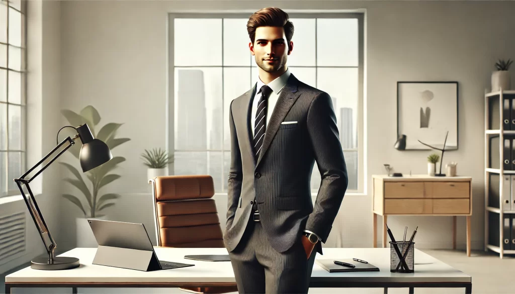 A confident businessman in a modern office, symbolizing professionalism and success, representing an introduction to entrepreneurship