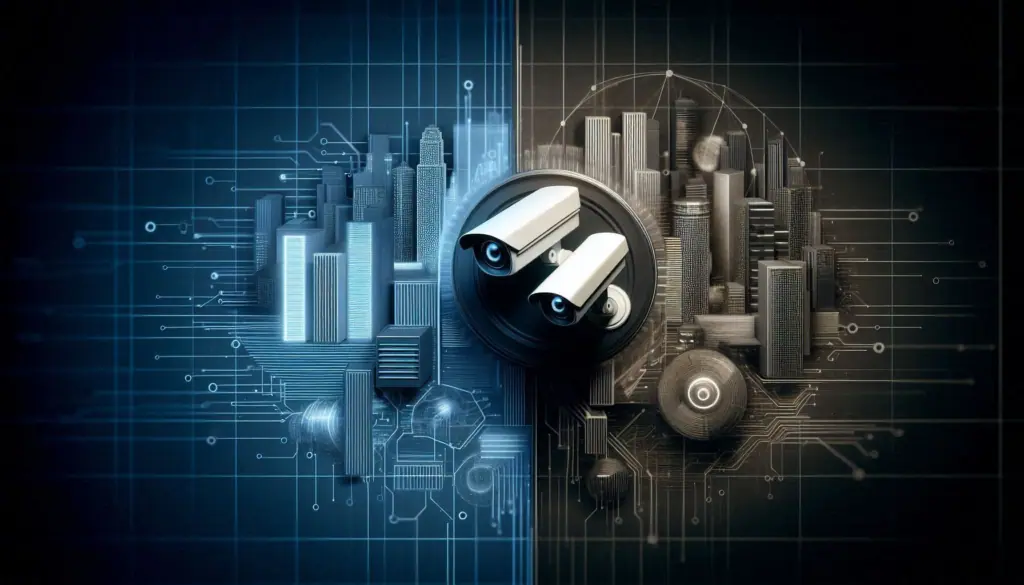 A digital illustration of a surveillance camera overlooking a stylized cityscape with data overlays, symbolizing the debate on AI surveillance as innovation versus privacy invasion