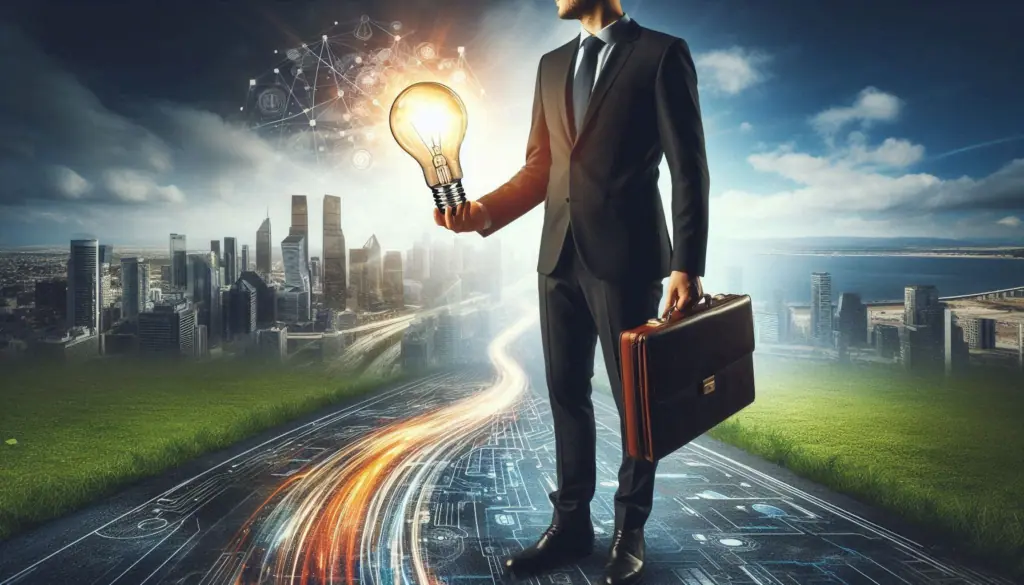 A businessman holding a lit bulb, standing on a futuristic path with a cityscape backdrop, symbolizes an introduction to entrepreneurship