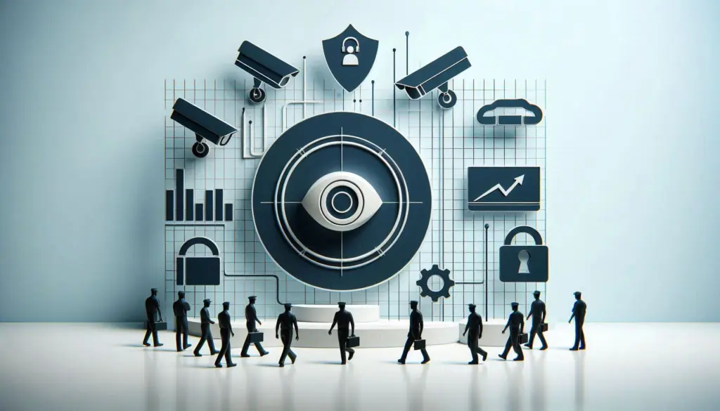 Silhouettes of people walking towards a large board with icons representing video analytics features like cameras, graphs, and security symbols