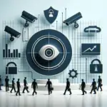 Silhouettes of people walking towards a large board with icons representing video analytics features like cameras, graphs, and security symbols