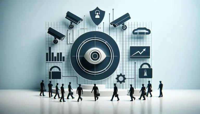 Silhouettes of people walking towards a large board with icons representing video analytics features like cameras, graphs, and security symbols