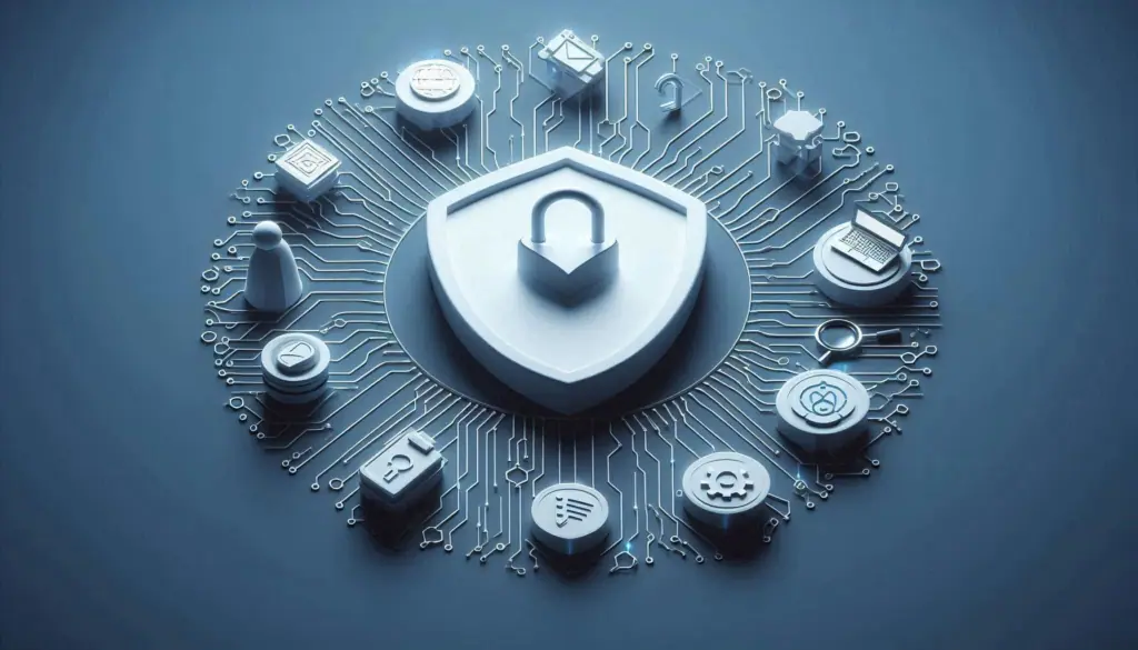 The image depicts a central lock symbol surrounded by icons of technology and security, illustrating the role of AI in enhancing fraud detection capabilities.