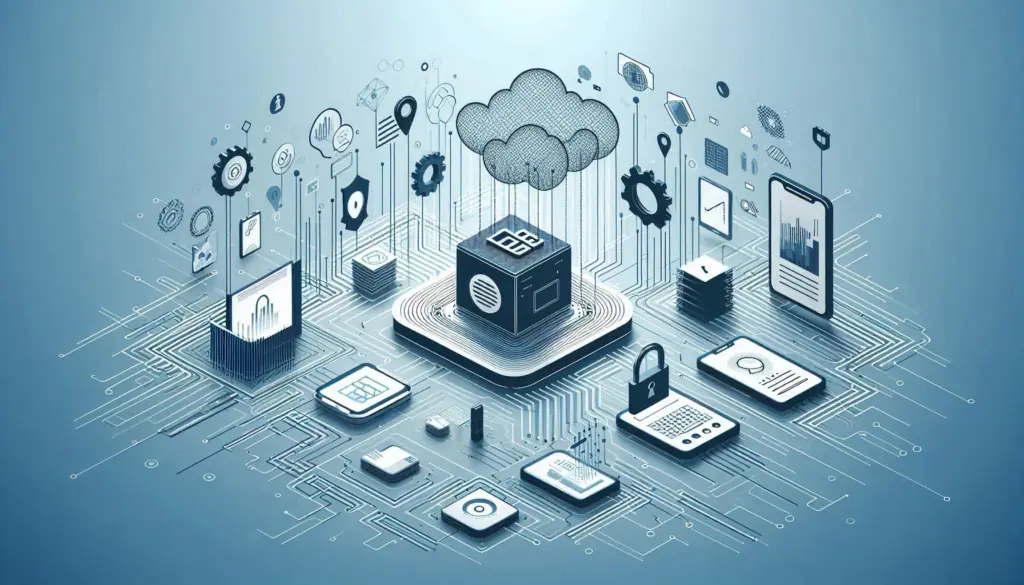 A digital illustration of interconnected technology icons and devices, highlighting the role of video analytics in modern business infrastructure