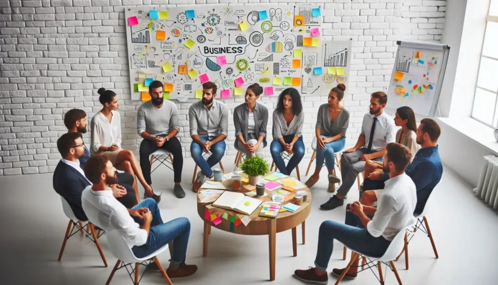 A group of professionals in a brainstorming session, surrounded by business notes and diagrams, symbolizing an introduction to entrepreneurship and the entrepreneurial mindset