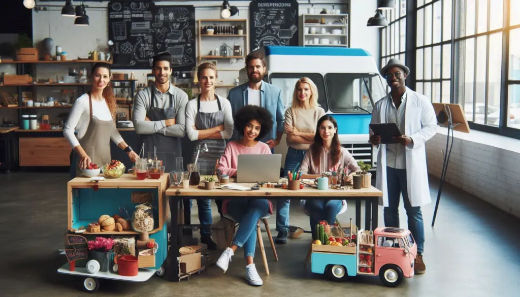 A diverse group of entrepreneurs showcasing their products in a modern workspace, symbolizing an introduction to entrepreneurship and types of entrepreneurship