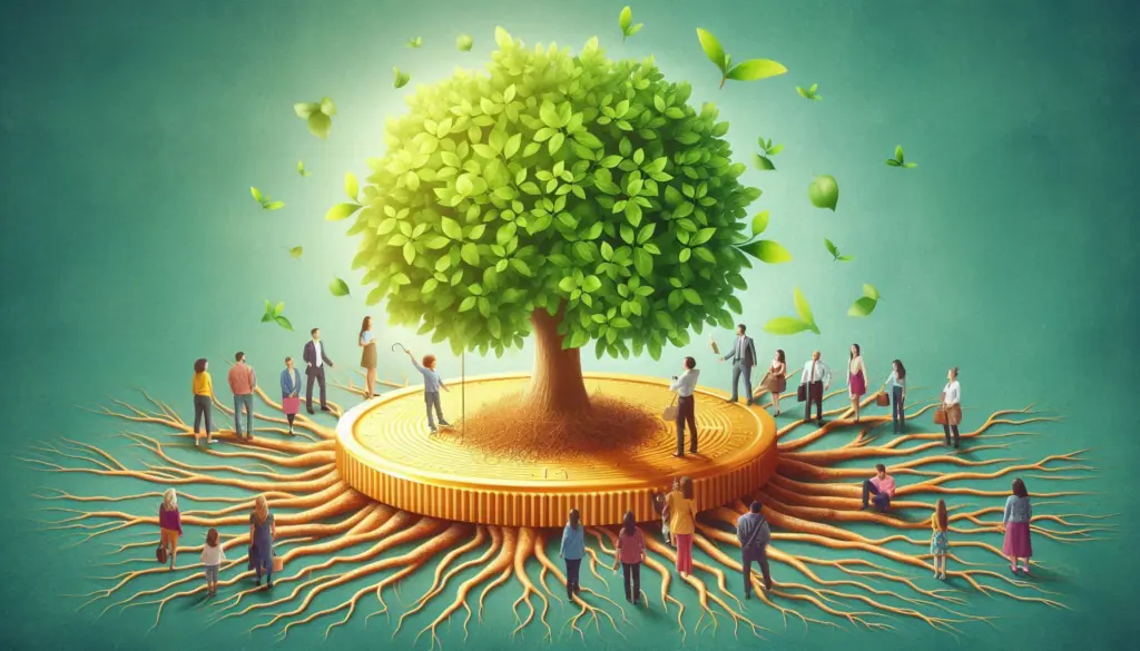 A large tree growing from a coin, surrounded by diverse people, symbolizes an introduction to entrepreneurship and its role in economic growth