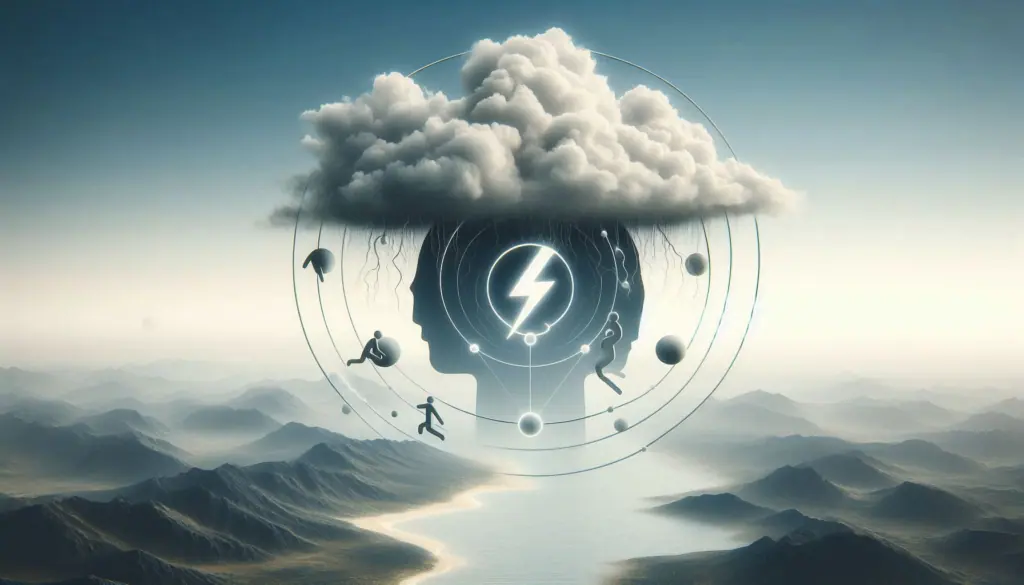 A surreal landscape with a head silhouette, lightning bolt, and cloud, symbolizing an introduction to entrepreneurship and the principles of effectuation