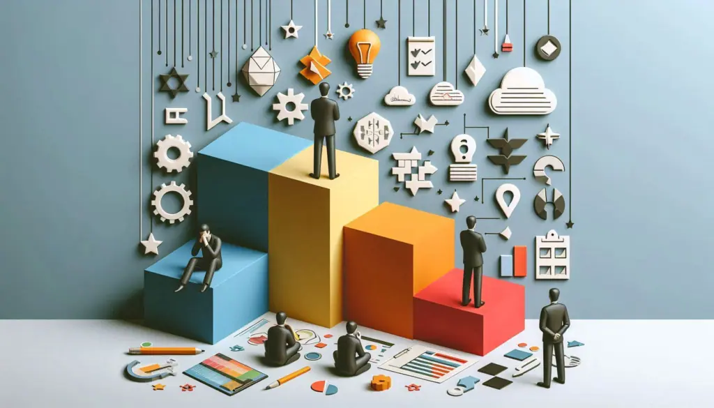 Figures on colorful blocks with various business icons overhead, representing an introduction to entrepreneurship and the challenges faced in entrepreneurship