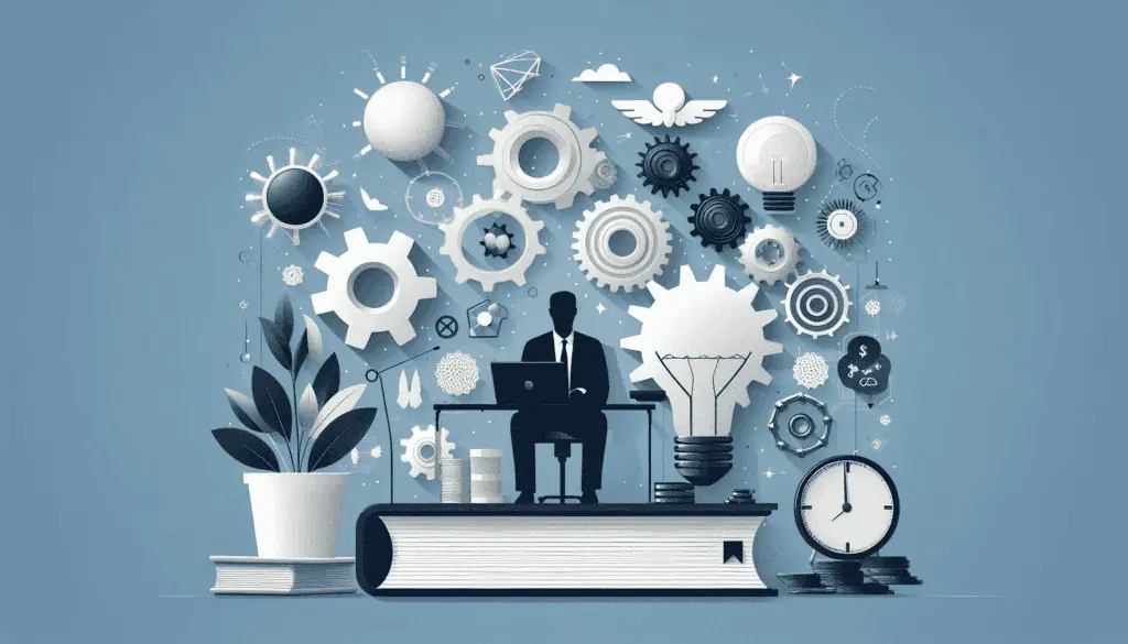 A businessman surrounded by gears, plants, and light bulbs, symbolizing an introduction to entrepreneurship and debunking myths about entrepreneurship
