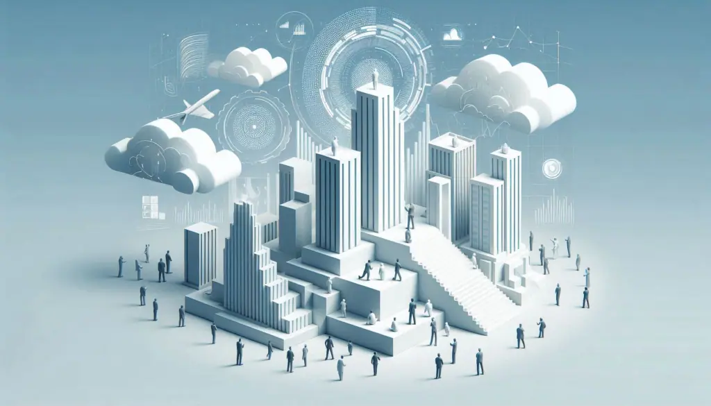 A conceptual image illustrating a data-driven culture with 3D bar graphs resembling buildings, figures analyzing data, and digital clouds overhead, symbolizing the integration of analytics into urban development.