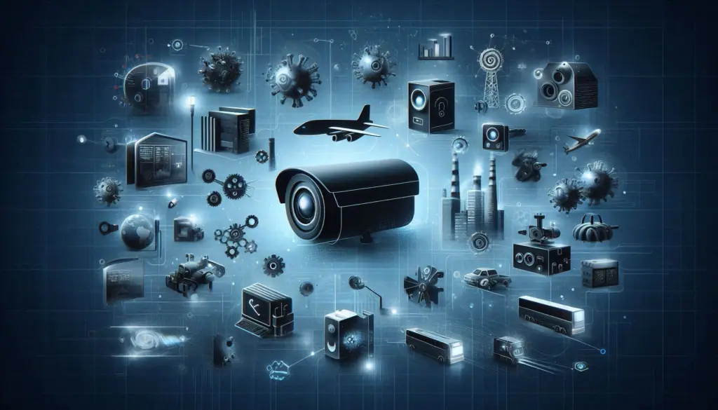 A surveillance camera surrounded by various industry icons, illustrating the diverse applications of video analytics across different sectors