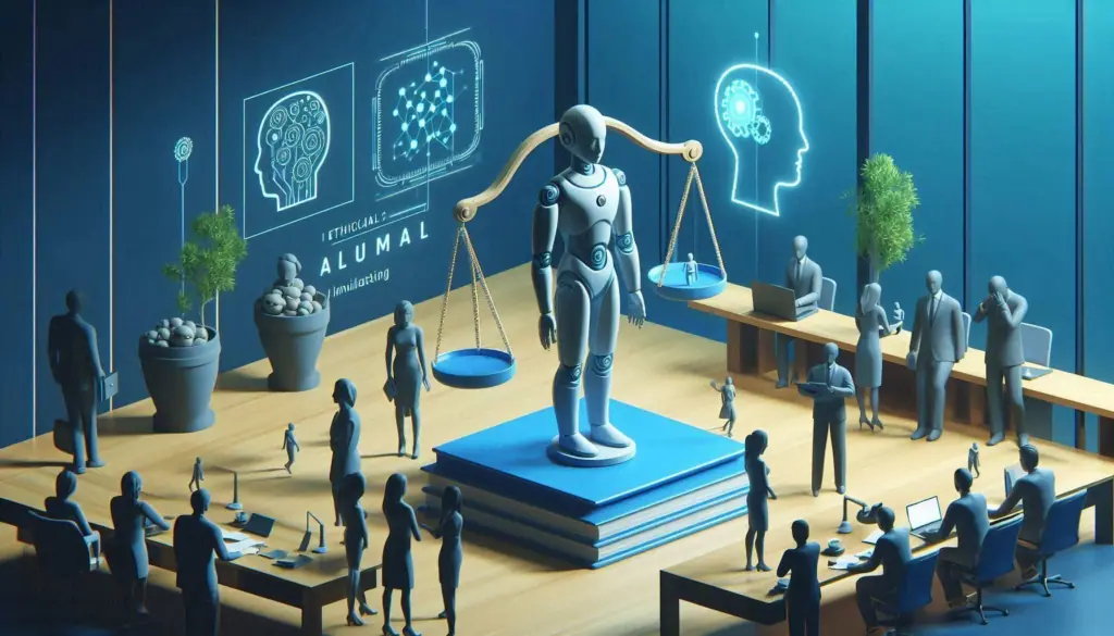A robot on a pedestal surrounded by human figures and justice scales, symbolizing ethical considerations in AI marketing